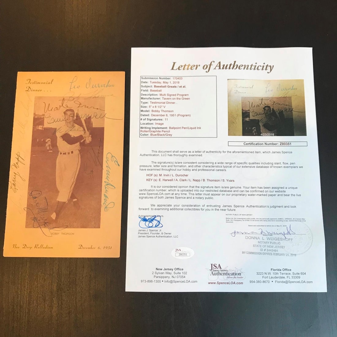 Rare 1951 Bobby Thomson Day Signed Program with JSA COA (1 of 10)