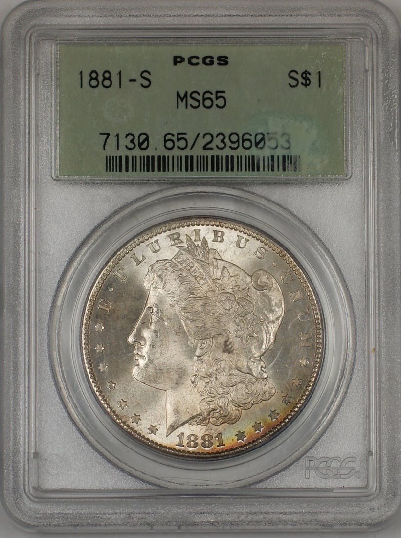 1881-S Morgan Silver Dollar PCGS MS-65 Gem BU Toned Rim: 1881-S Morgan Silver Dollar PCGS MS-65 Gem BU Toned Rim This 1881-S Morgan Silver Dollar is certified by PCGS with a grade of MS 65, indicating it is in Gem Brilliant Uncirculated condition. Minted in