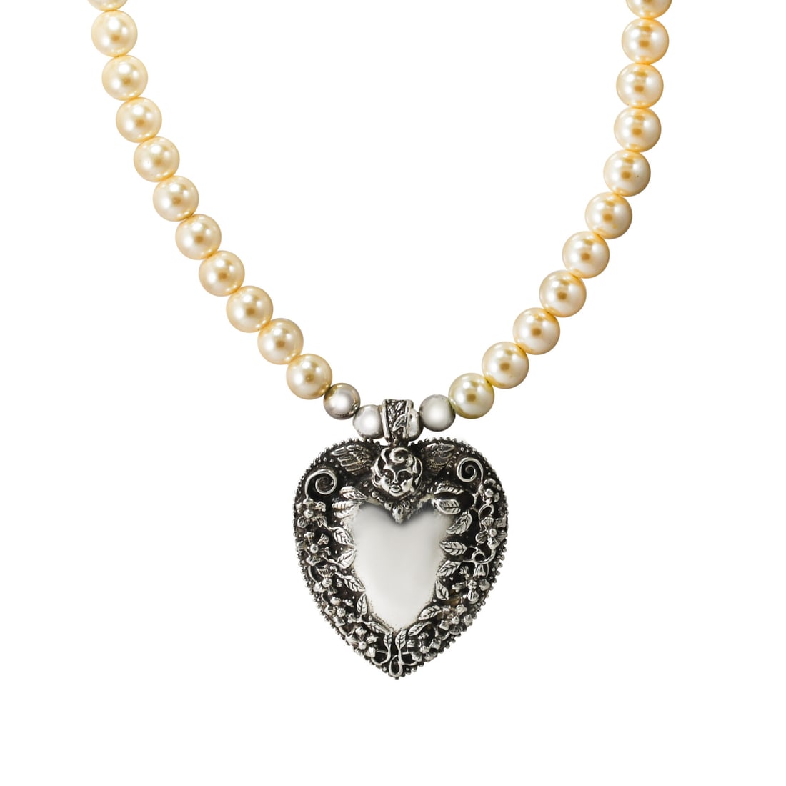 Andrea Barnett Sterling Silver Heart Pendant Faux Pearl Necklace 30-35in (1 of 7)