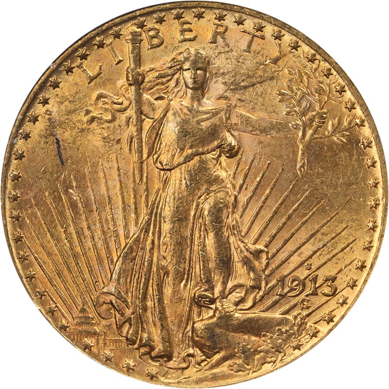 PCGS MS62 1913-S $20 Gold Saint-Gaudens Double Eagle Uncirculated Coin (1 of 4)