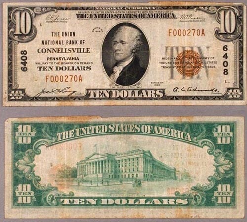 1929 T-1 $10 National Bank Note Connellsville PA Union NB (1 of 1)