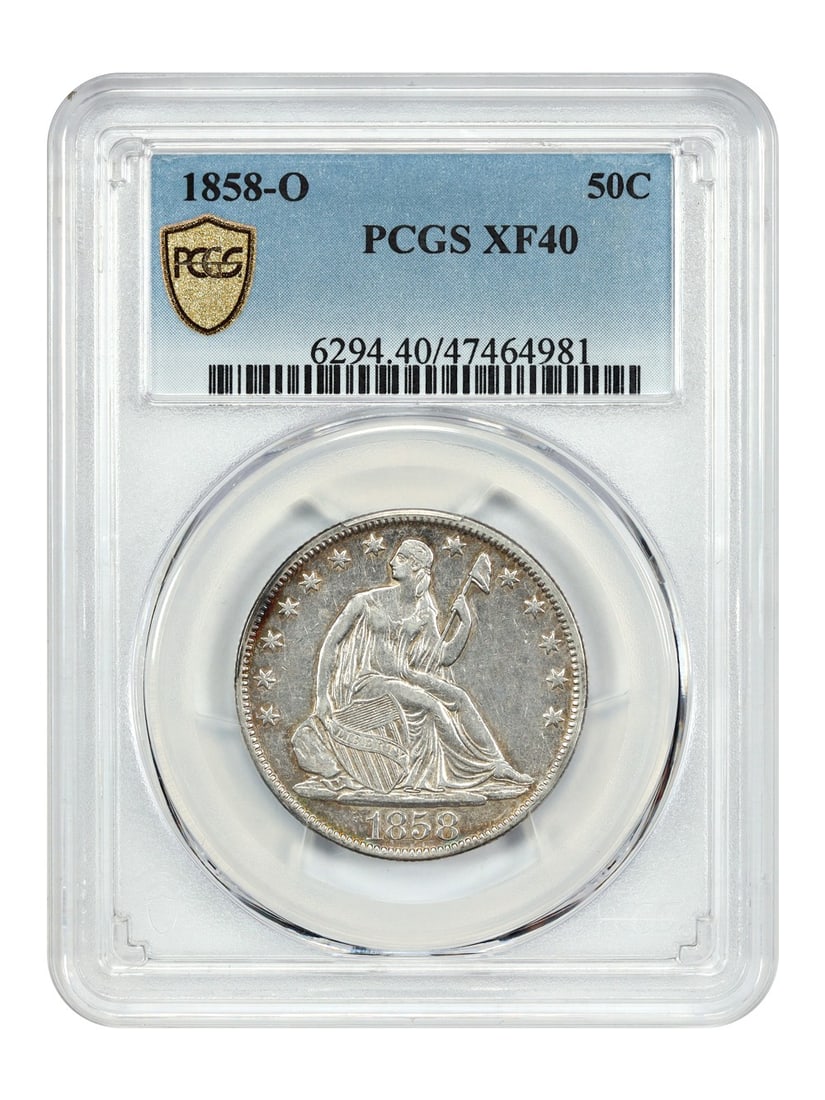 1858-O Liberty Seated Half Dollar PCGS XF40 Certified: 1858-O Liberty Seated Half Dollar PCGS XF40 Certified This 1858-O Liberty Seated Half Dollar is certified by PCGS with a grade of XF40, indicating it has been circulated and shows moderate wear while