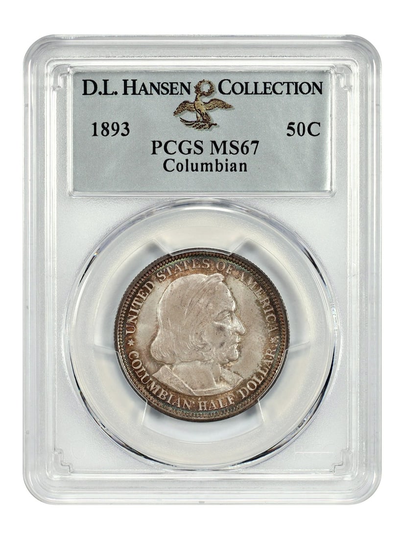 PCGS MS67 1893 Columbian Exposition Half Dollar from D L Hansen Collection: PCGS MS67 1893 Columbian Exposition Half Dollar from D L Hansen Collection This 1893 50-cent Columbian Classic Silver Commemorative coin is graded MS67 by PCGS and originates from the Philadelphia Min
