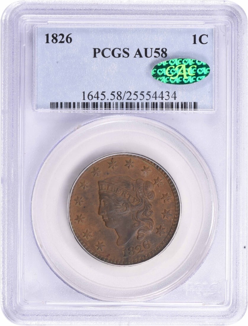 1826 PCGS AU58 Large Cent Coronet Head Copper Coin CAC: 1826 PCGS AU58 Large Cent Coronet Head Copper Coin CAC This 1826 Large Cent is graded AU58 by PCGS and features the Coronet Head design by Robert Scot. Minted in Philadelphia, this coin is composed of