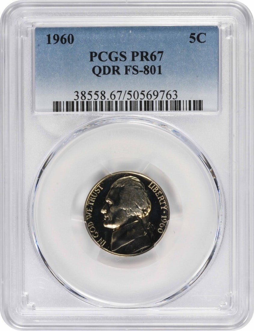 1960 Jefferson Nickel Proof PR67 PCGS Certified 5C: 1960 Jefferson Nickel Proof PR67 PCGS Certified 5C This 1960 Jefferson Nickel is a stunning example of numismatic craftsmanship, certified by PCGS with a grade of PR67. It boasts a proof strike, showc