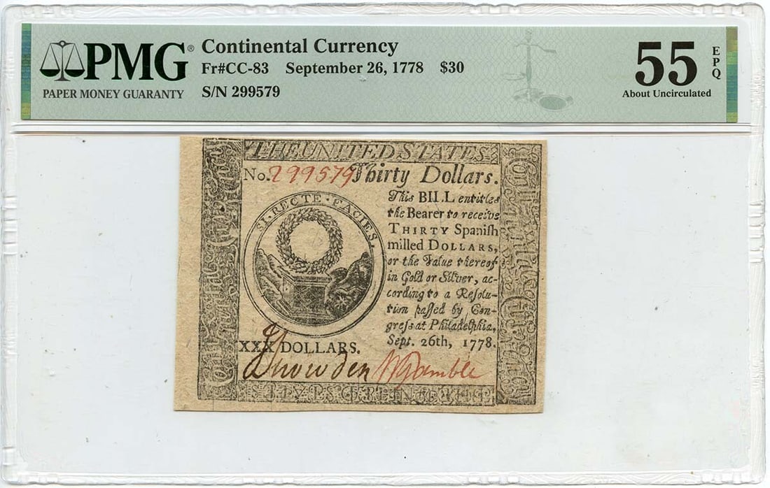 1778 $30 Continental Currency CC-83 PMG AU55 EPQ Circulated Note (1 of 2)