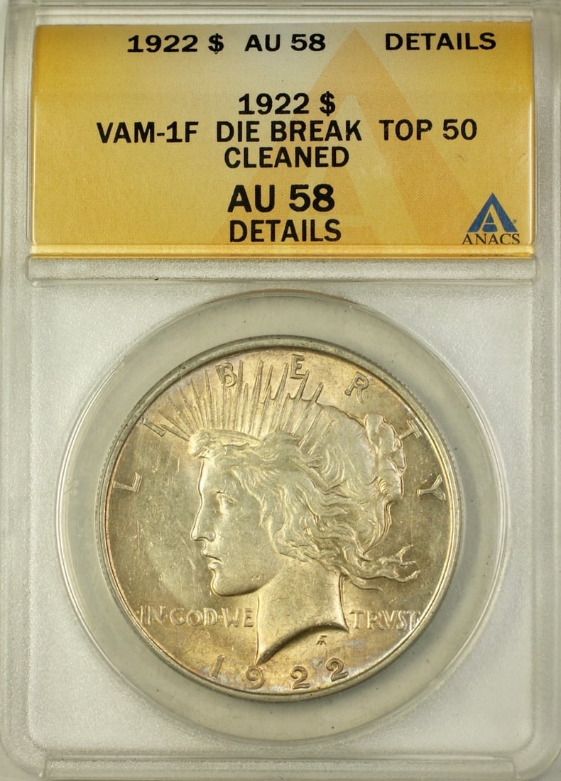 1922 VAM-1F Peace Silver Dollar Coin ANACS AU 58 Die Break Top 50: 1922 VAM-1F Peace Silver Dollar Coin ANACS AU 58 Die Break Top 50 This is a 1922 VAM-1F Peace Silver Dollar Coin, certified by ANACS with a grade of AU 58. The coin is composed of silver and was minte
