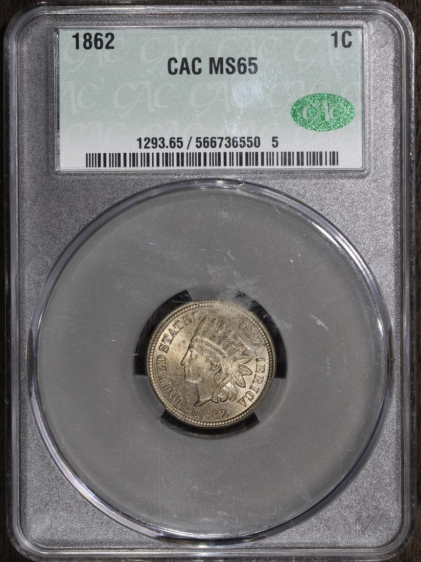 1862 Indian Head Cent 1C MS65 CAC Certified Uncirculated Coin: 1862 Indian Head Cent 1C MS65 CAC Certified Uncirculated Coin This 1862 Indian Head Cent is an uncirculated coin from the Philadelphia mint, showcasing the classic design and rich history of American