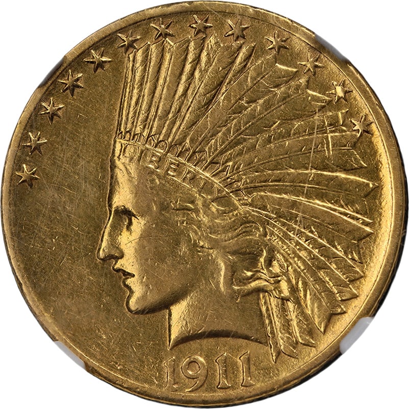 1911-D Indian Gold $10 NGC AU Details Key Date Coin: 1911-D Indian Gold $10 NGC AU Details Key Date Coin This 1911-D Indian Gold $10 coin is graded AU Details by NGC, showcasing its impressive eye appeal and a nice strike. The coin features a beautiful