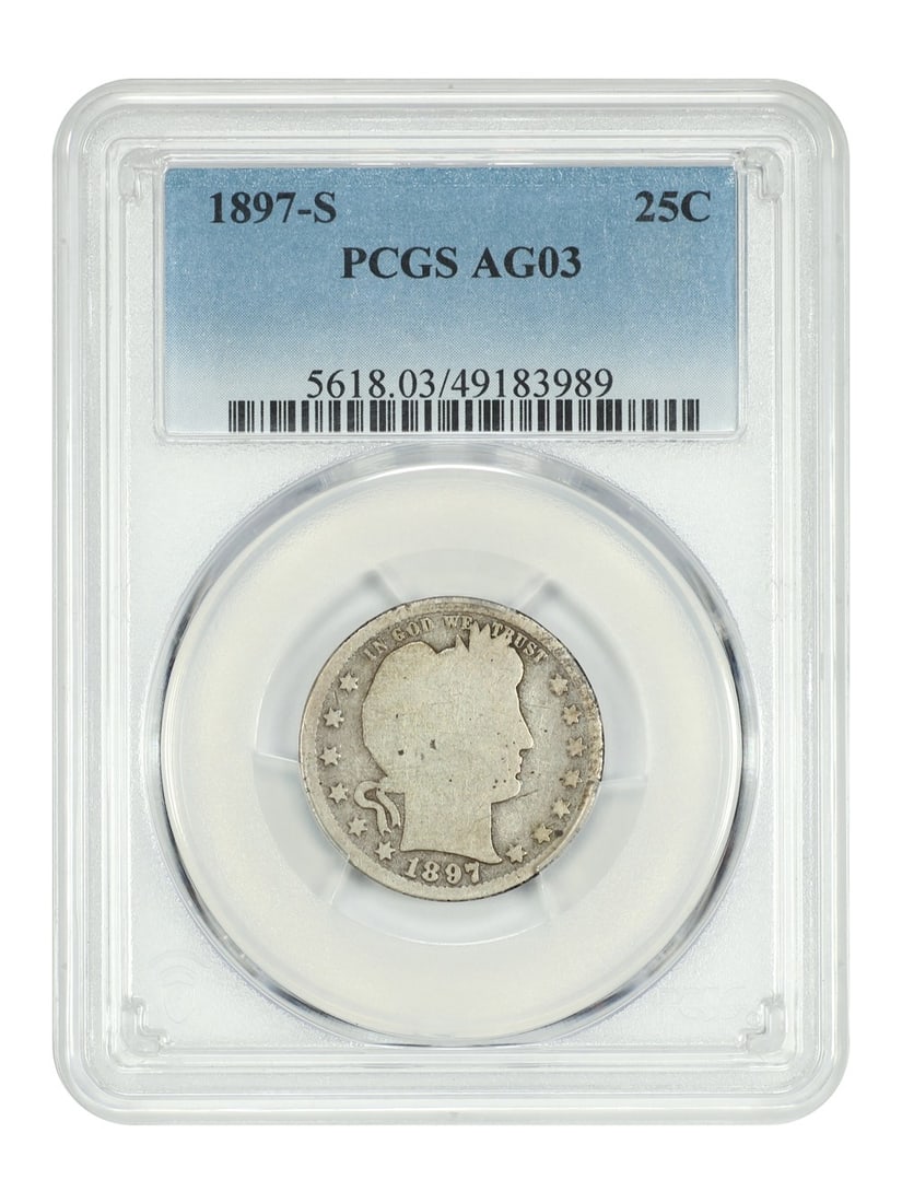1897-S Barber Quarter 25C PCGS AG03 Certification: 1897-S Barber Quarter 25C PCGS AG03 Certification This 1897-S Barber Quarter is a certified coin by PCGS with certification number 49183989. It features a circulated condition and is part of the Barbe