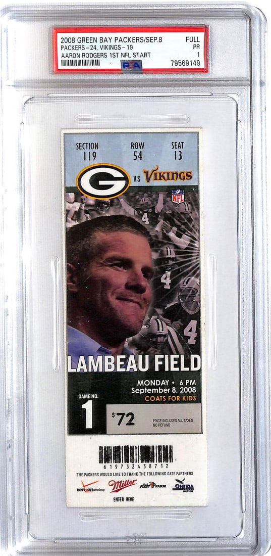 Aaron Rodgers 2008 Original Ticket Vikings Packers PSA 1st NFL Start (1 of 3)