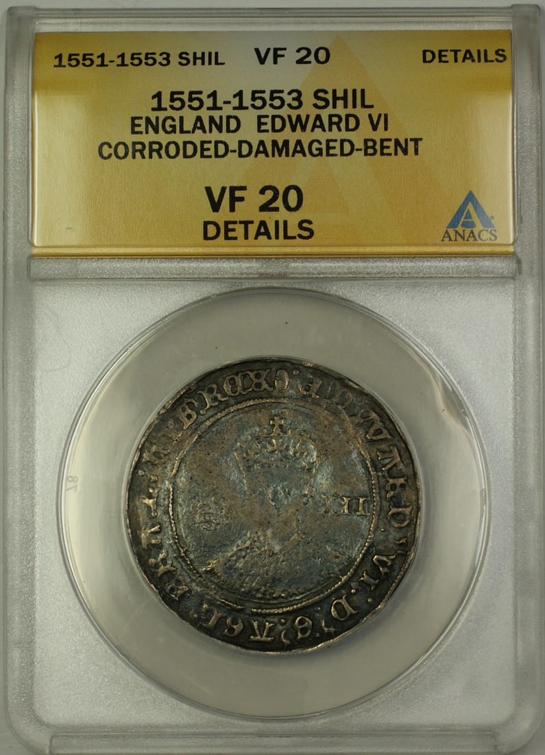 1551-53 Edward VI Silver Shilling Coin ANACS VF-20 Corroded: 1551-53 Edward VI Silver Shilling Coin ANACS VF-20 Corroded This is a historical 1551-53 England Silver Shilling Coin featuring Edward VI. This coin is graded as VF 20 by ANACS, indicating its very fi