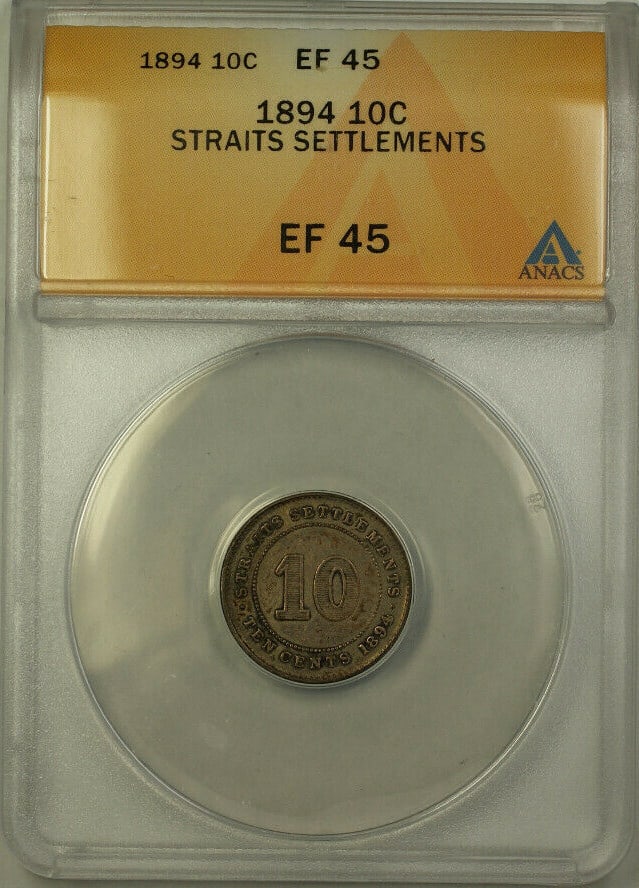 1894 East India Company Straits Settlement 10 Cent Silver Coin ANACS EF 45 (1 of 2)