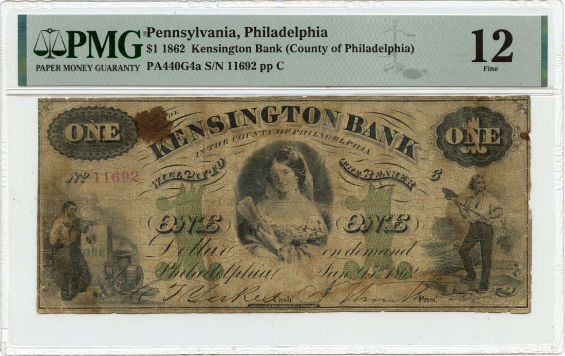 1862 $1 Philadelphia County Obsolete Note PMG F12 Certified (1 of 2)