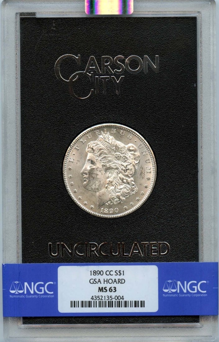 1890-CC Morgan Dollar GSA HOARD NGC MS63 Uncirculated: 1890-CC Morgan Dollar GSA HOARD NGC MS63 Uncirculated This 1890-CC Morgan Dollar is an exceptional piece certified by NGC with a grade of MS63. It features a striking uncirculated condition, making it