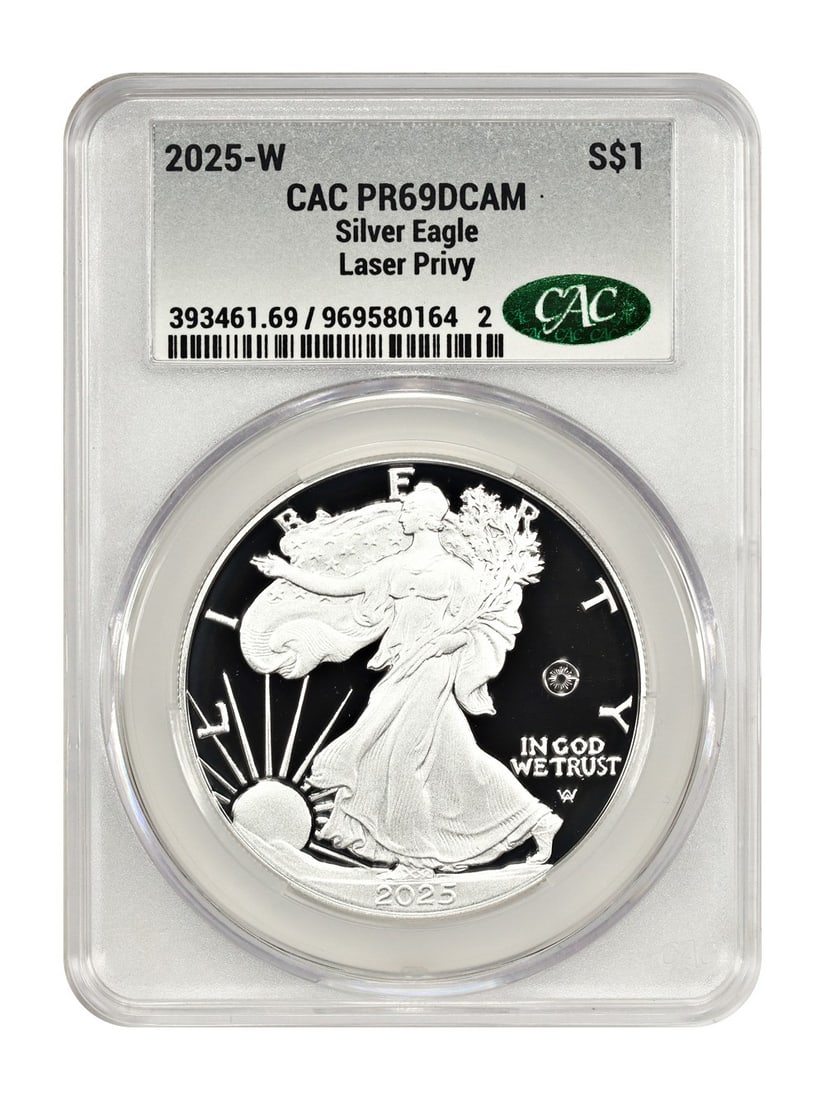 2025 Silver Eagle Dollar CACG PR69DCAM Laser Privy Mark Certified (1 of 4)