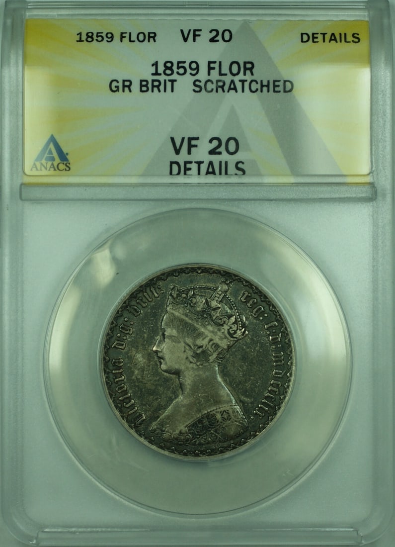 1859 Great Britain ANACS VF 20 Silver 1 Florin Coin KM746: 1859 Great Britain ANACS VF 20 Silver 1 Florin Coin KM746 This 1859 Florin silver coin from Great Britain is a notable piece for collectors. Graded as VF 20 by ANACS, this circulated coin exhibits sig