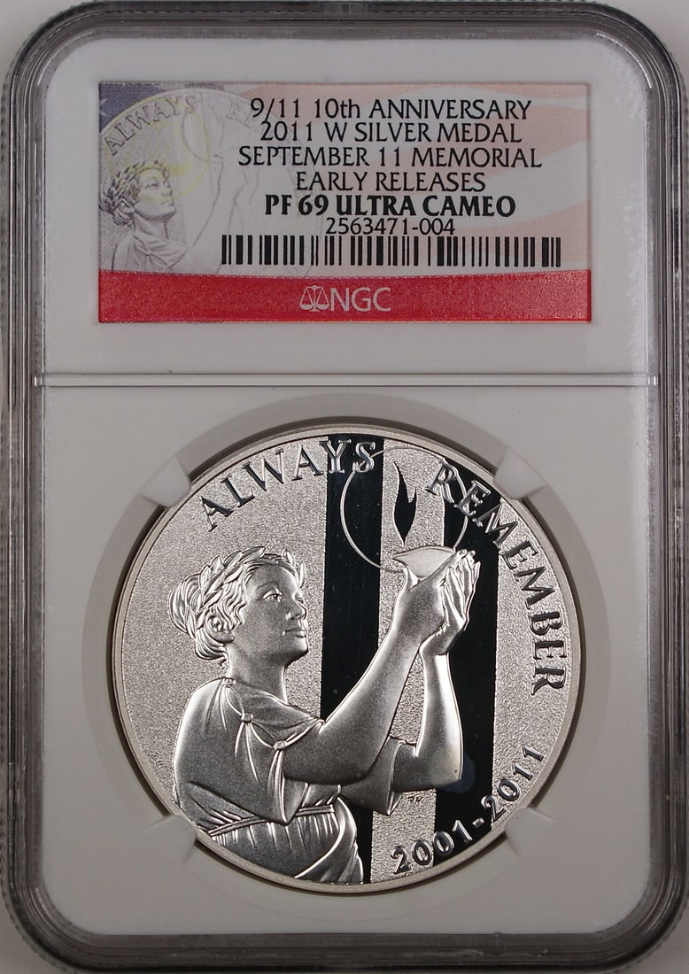 2011 W 9/11 10th Anniversary Silver Medal NGC PF-69 Ultra Cameo: 2011 W 9/11 10th Anniversary Silver Medal NGC PF-69 Ultra Cameo Commemorate the 10th anniversary of 9/11 with this stunning 2011 W 9/11 Silver Medal. Graded NGC PF-69 Ultra Cameo, it represents the hi