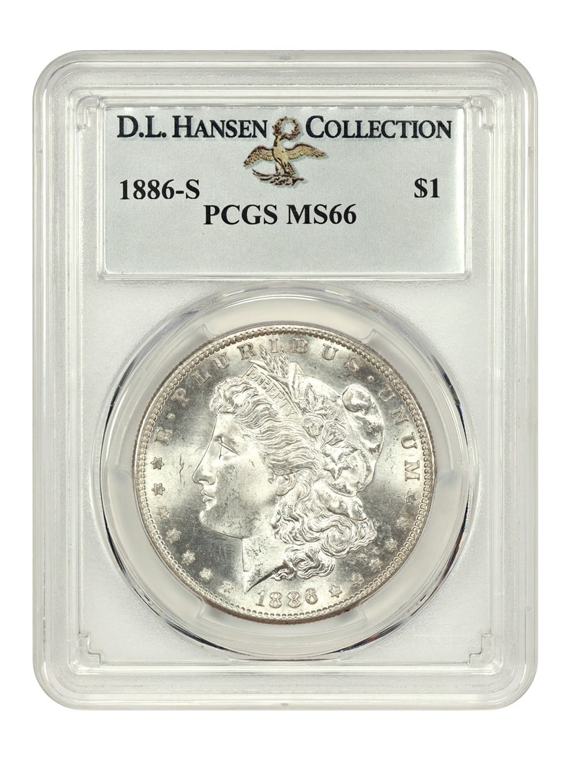PCGS MS66 1886-S Morgan Dollar ex D.L. Hansen $1 Coin: PCGS MS66 1886-S Morgan Dollar ex D.L. Hansen $1 Coin This 1886-S Morgan Dollar is a highly sought-after San Francisco Mint coin graded MS66 by PCGS. Recognized for its superb gem quality, only 15 exa