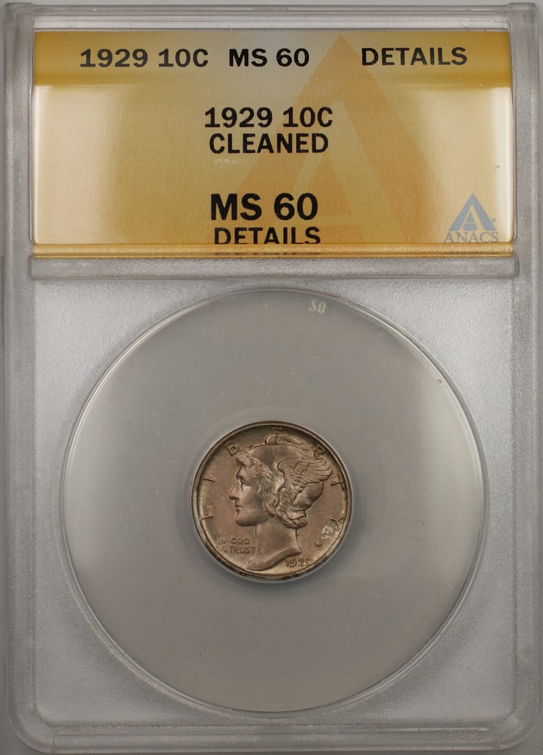 1929 Silver Mercury Dime ANACS MS 60 Toned Coin: 1929 Silver Mercury Dime ANACS MS 60 Toned Coin This 1929 Silver Mercury Dime features a grade of MS 60, certified by ANACS, indicating it is uncirculated yet has been cleaned. Struck in silver at the