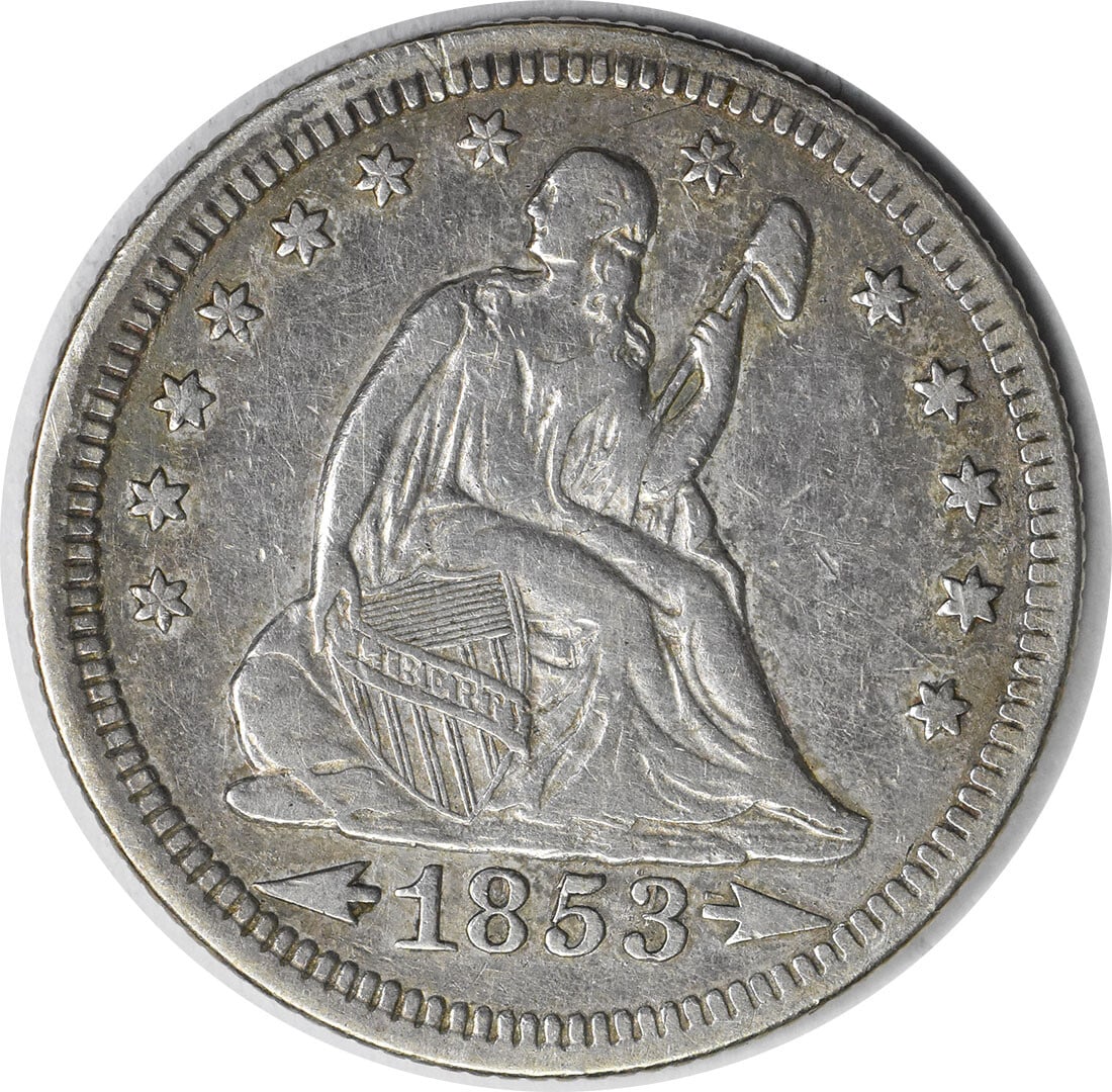 1853/4 Liberty Seated Silver Quarter 25C Uncertified Philadelphia Mint: 1853/4 Liberty Seated Silver Quarter 25C Uncertified Philadelphia Mint This is an 1853/4 Liberty Seated Silver Quarter, a classic piece of American numismatics. The coin features the iconic Seated Lib
