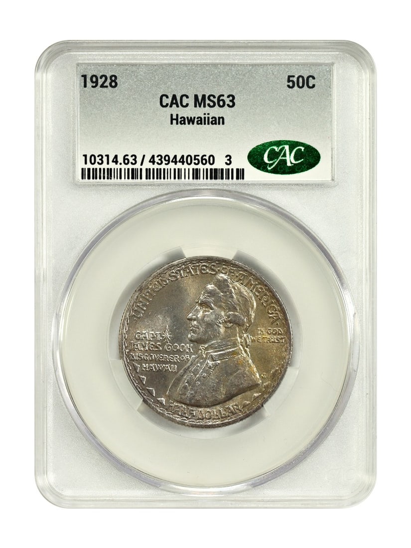 CACG MS63 1928 Hawaiian Half Dollar Classic Silver Commemorative Coin: CACG MS63 1928 Hawaiian Half Dollar Classic Silver Commemorative Coin This 1928 50C Hawaiian Classic Silver Commemorative coin is an uncirculated piece graded MS63 by CACG. Struck at the Philadelphia