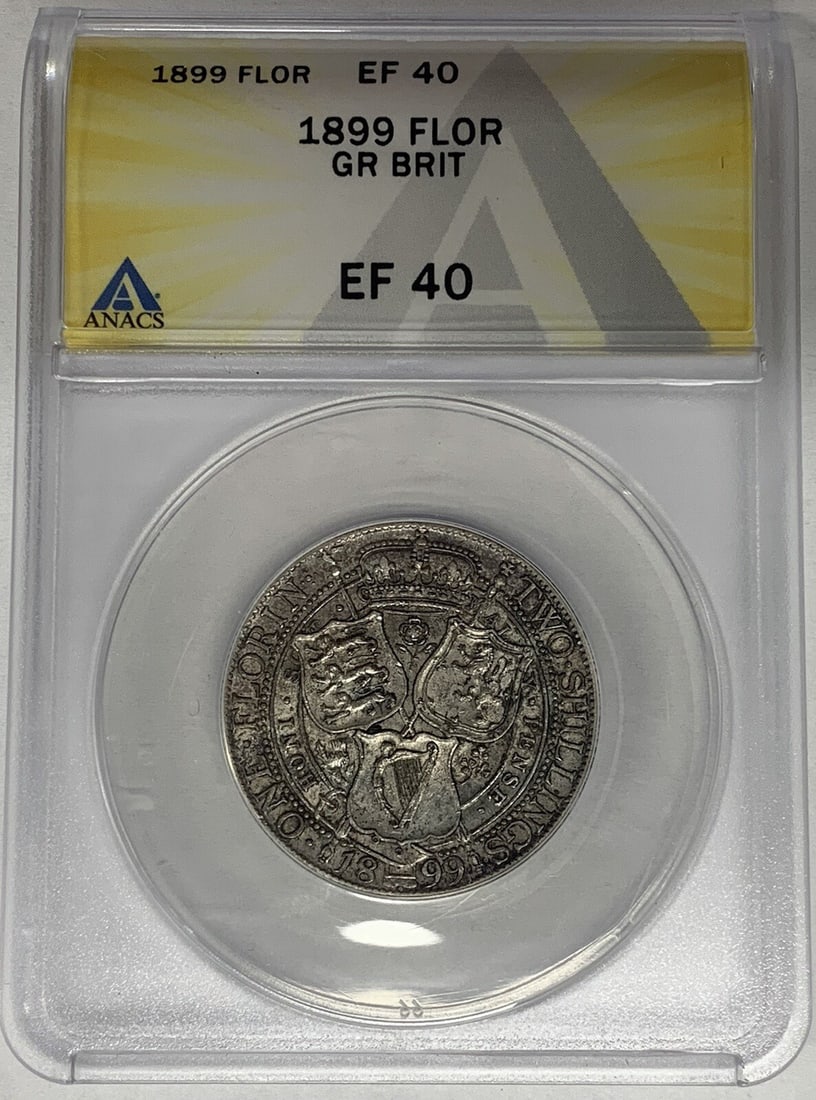 1899 Great Britain Florin Two Shillings ANACS XF 40 Coin: 1899 Great Britain Florin Two Shillings ANACS XF 40 Coin This 1899 Great Britain Florin coin, also known as Two Shillings, hails from the United Kingdom. It is graded as XF 40 by ANACS, indicating its