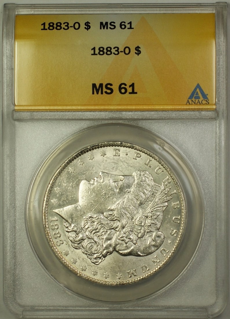 1883-O Morgan Silver Dollar Coin ANACS MS-61 Uncirculated: 1883-O Morgan Silver Dollar Coin ANACS MS-61 Uncirculated This 1883-O Morgan Silver Dollar is a stunning piece, showcasing the artistry of the iconic Morgan design. Graded MS-61 by ANACS, this uncircu