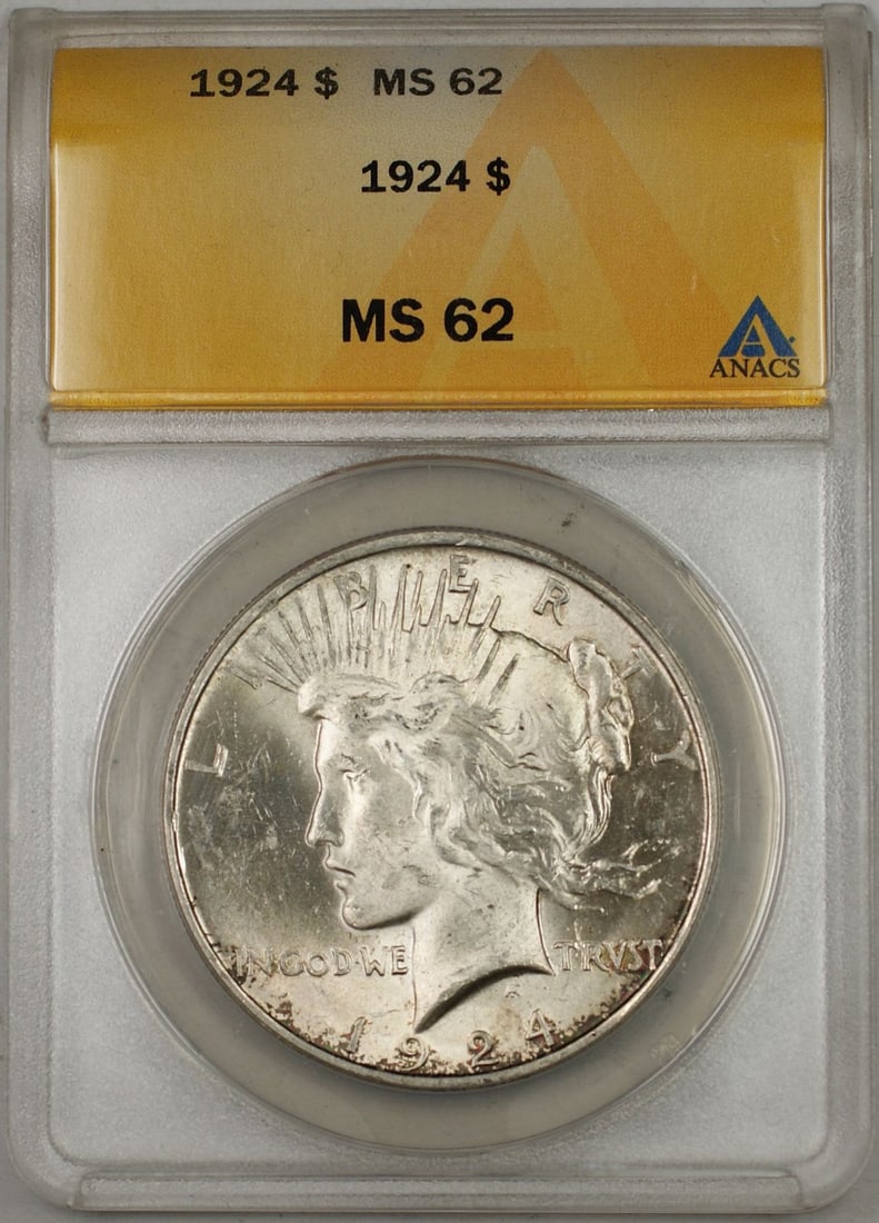 1924 Peace Silver Dollar Coin ANACS MS 62 Toned Reverse 8H: 1924 Peace Silver Dollar Coin ANACS MS 62 Toned Reverse 8H This 1924 Peace Silver Dollar Coin is graded MS-62 by ANACS, indicating its uncirculated condition. Minted in Philadelphia, this coin is comp