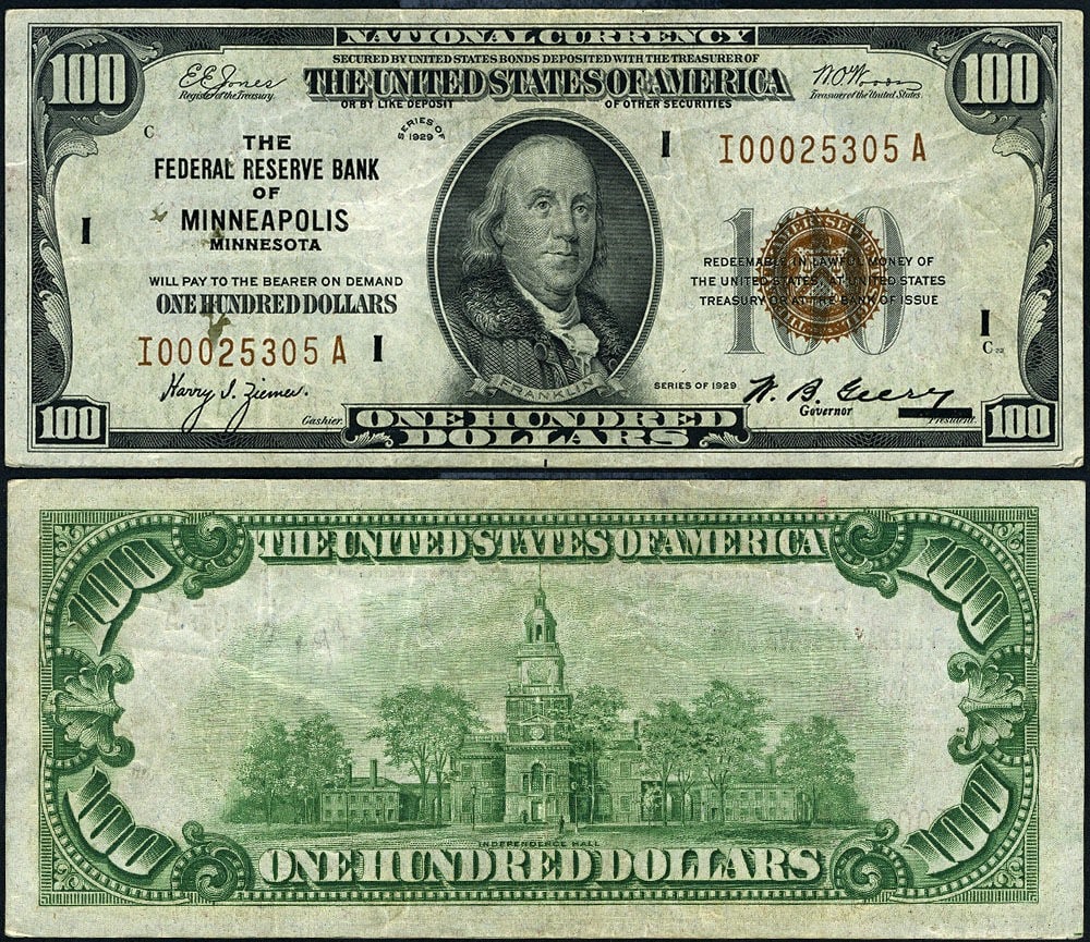 1929 $100 Federal Reserve Note Minneapolis I-A Block VF (1 of 3)