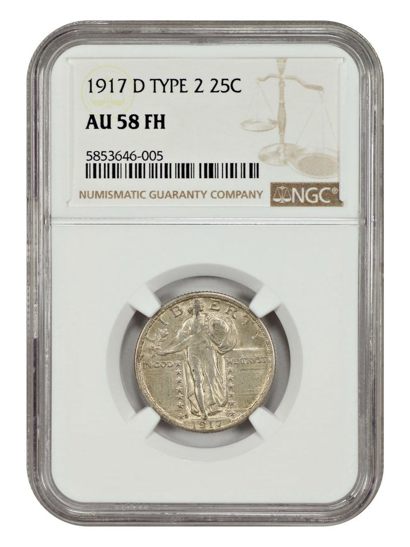 1917-D Standing Liberty Quarter NGC AU58FH Impressive Slider: 1917-D Standing Liberty Quarter NGC AU58FH Impressive Slider This 1917-D Standing Liberty Quarter, graded NGC AU58FH, showcases an impressive slider quality. It features a denomination of 25 cents and