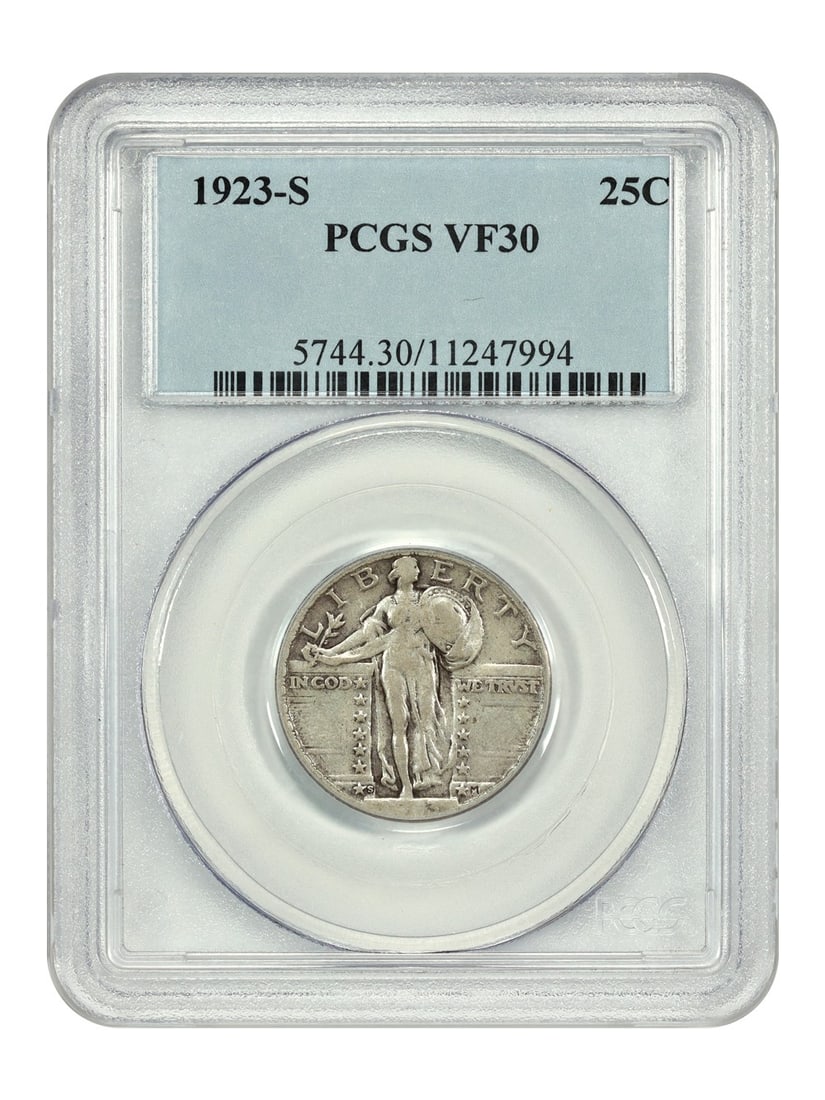 1923-S Standing Liberty Quarter PCGS VF30 Scarce San Francisco Mint: 1923-S Standing Liberty Quarter PCGS VF30 Scarce San Francisco Mint This 1923-S Standing Liberty Quarter is a desirable and scarce date from the San Francisco mint, graded by PCGS as VF30. It features