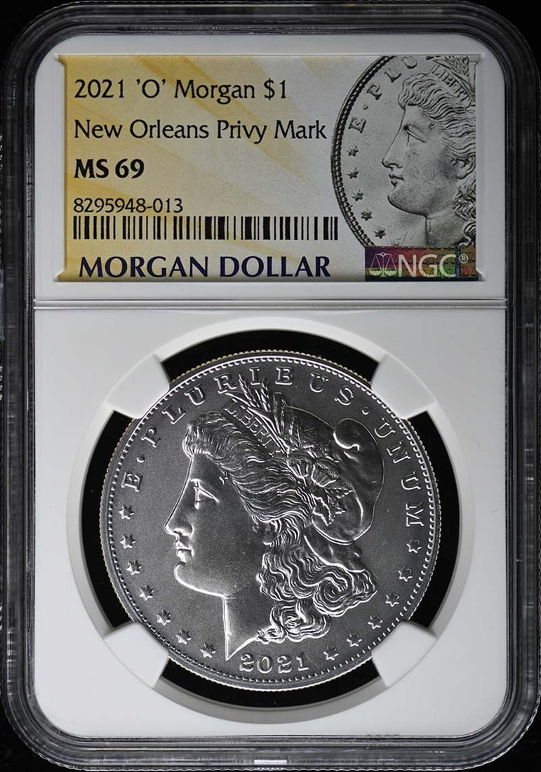 2021 O Morgan New Orleans Privy Mark $1 Coin NGC MS69: 2021 O Morgan New Orleans Privy Mark $1 Coin NGC MS69 This 2021 'O' Morgan New Orleans Privy Mark $1 coin is certified by NGC with a remarkable grade of MS69, ensuring its high quality and excellent c