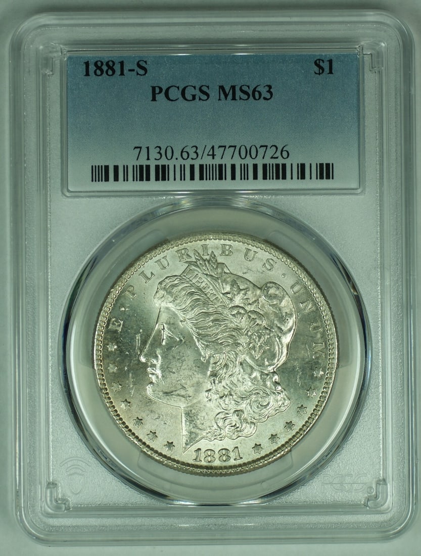 1881-S Morgan Silver Dollar Coin PCGS MS 63 Uncirculated: 1881-S Morgan Silver Dollar Coin PCGS MS 63 Uncirculated This 1881-S Morgan Silver $1 Dollar Coin is a stunning piece for any collector. With a grade of MS 63 from PCGS, this uncirculated coin showcas