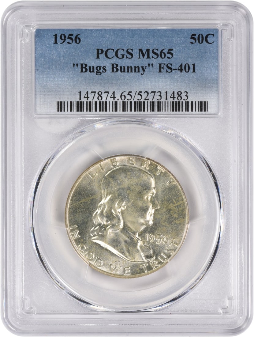 1956 Franklin Half Dollar MS65 PCGS Uncirculated Silver Coin: 1956 Franklin Half Dollar MS65 PCGS Uncirculated Silver Coin This 1956 Franklin Half Dollar features the Bugs Bunny variety, certified by PCGS with a grade of MS65. The coin, made of silver, is in unc