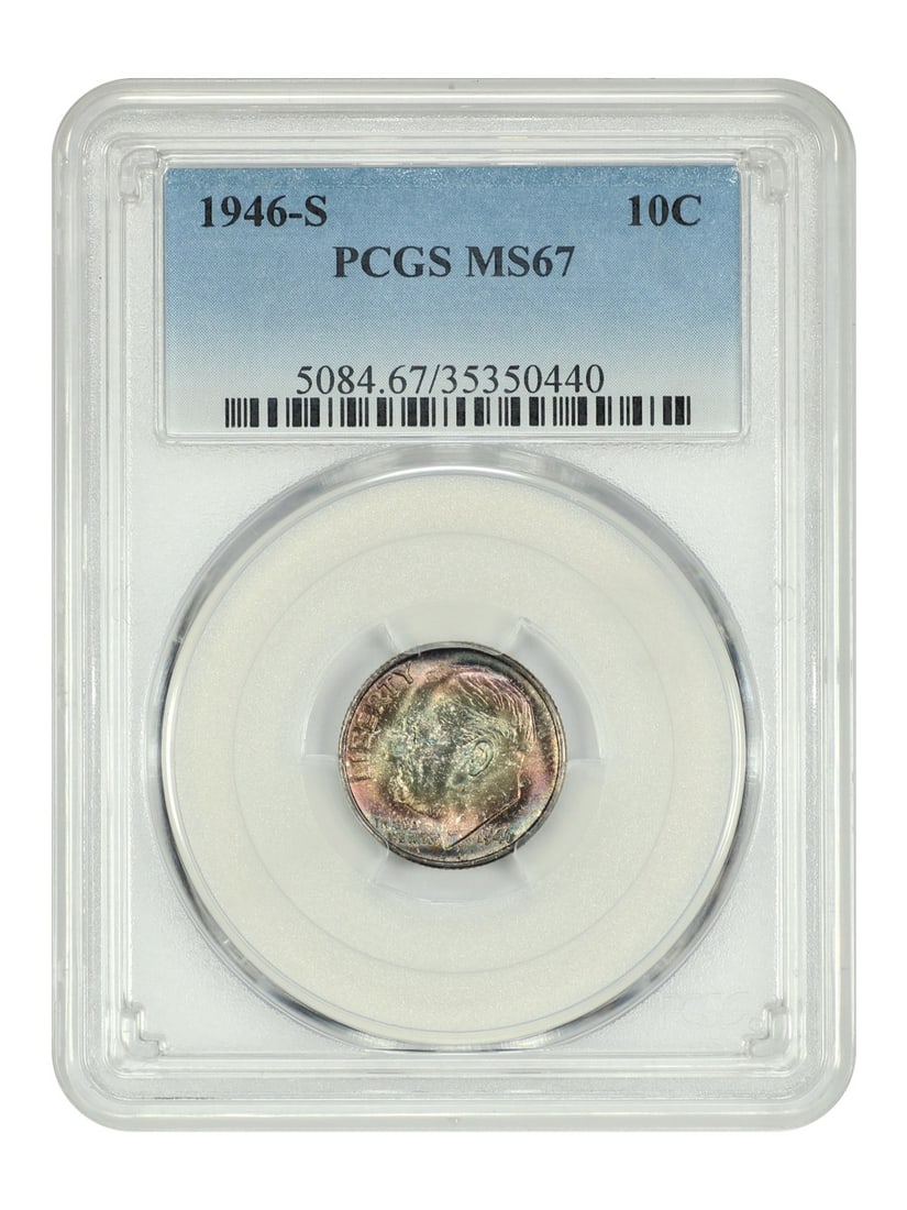 1946-S Roosevelt Dime PCGS MS67 Uncirculated 10C San Francisco Mint: 1946-S Roosevelt Dime PCGS MS67 Uncirculated 10C San Francisco Mint This 1946-S Roosevelt Dime, graded MS67 by PCGS, is a stunning example of uncirculated coinage from the San Francisco mint. The coin