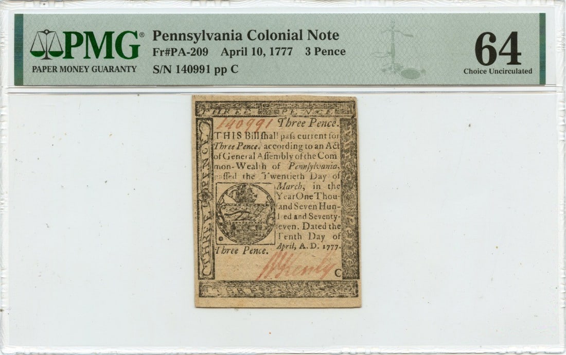 1777 3 Pence Pennsylvania Colonial Note PMG MS64 Uncirculated (1 of 2)