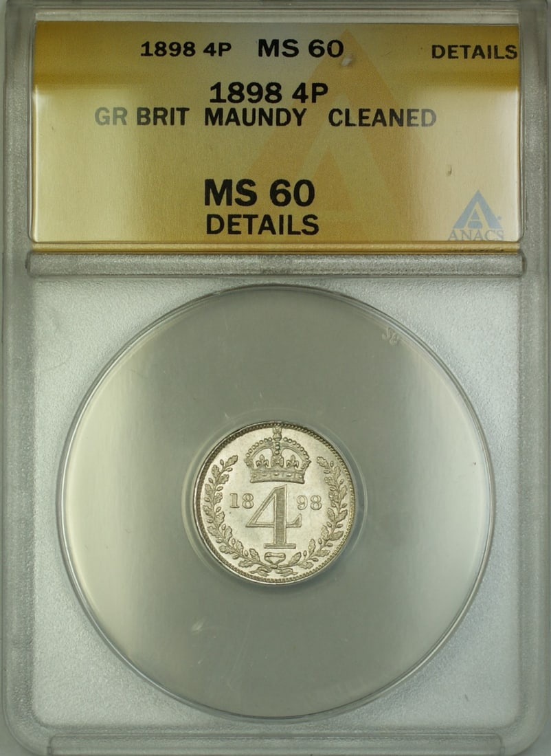 1898 Great Britain Maundy Silver Fourpence Coin ANACS MS 60 Details: 1898 Great Britain Maundy Silver Fourpence Coin ANACS MS 60 Details This 1898 Great Britain Maundy Silver Fourpence coin, graded as MS 60 Details by ANACS, is a remarkable piece of numismatic history.