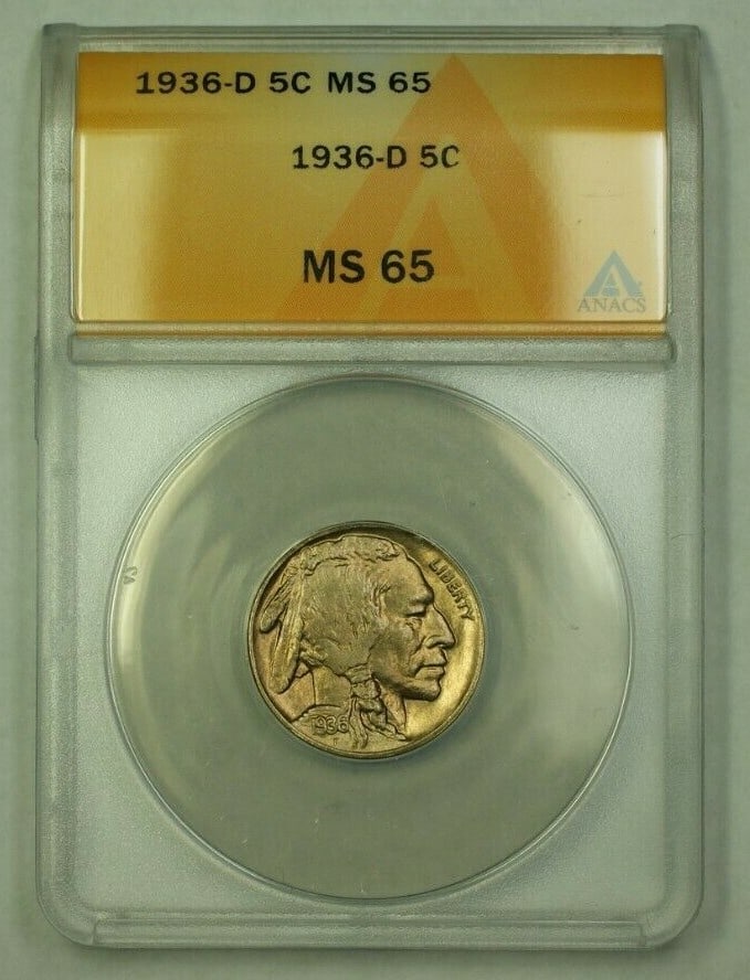 1936-D Buffalo Nickel ANACS MS 65 Uncirculated Denver Mint: 1936-D Buffalo Nickel ANACS MS 65 Uncirculated Denver Mint This 1936-D Buffalo Nickel is a noteworthy piece of numismatic history, featuring a grade of MS 65 by ANACS, indicating its uncirculated cond