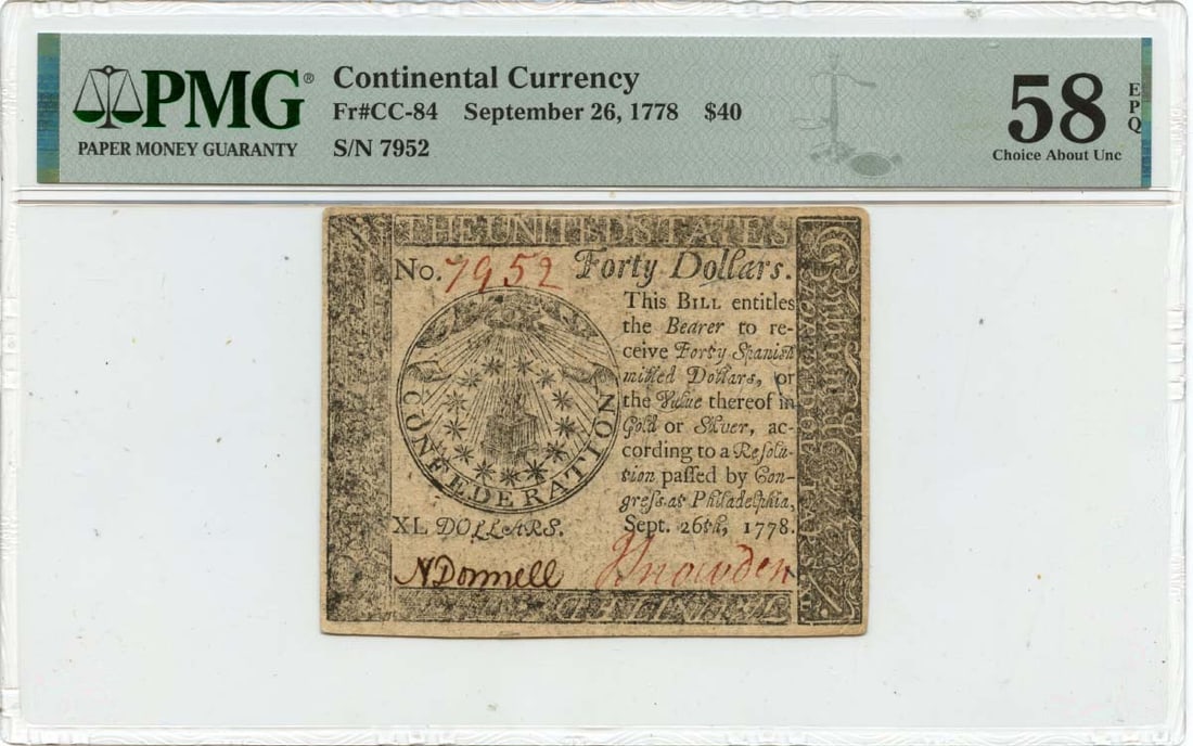 1778 $40 Continental Currency Note CC-84 PMG AU58 Certified (1 of 2)