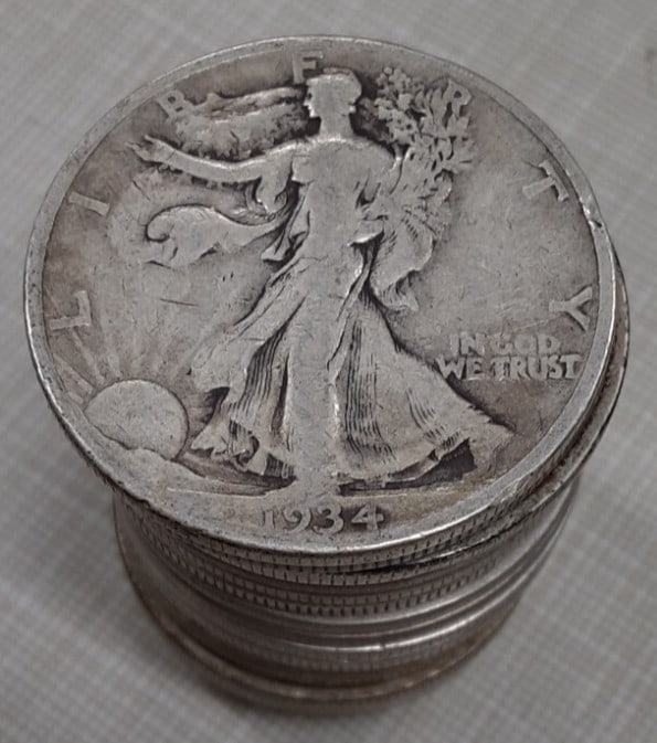 1934-S Walking Liberty Half Dollar Roll of 20 Circulated 90% Silver Coins (1 of 4)