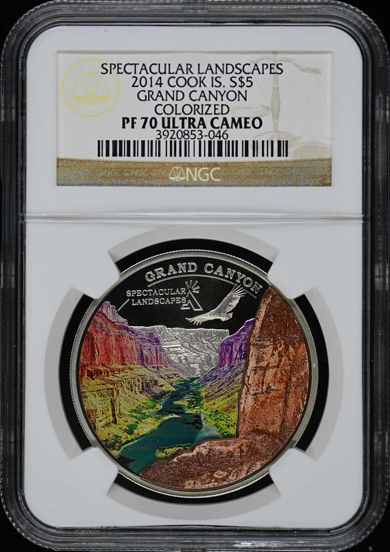 2014 Cook Islands Grand Canyon Colorized $5 Coin NGC PR70: 2014 Cook Islands Grand Canyon Colorized $5 Coin NGC PR70 This 2014 Cook Island Grand Canyon colorized $5 coin is graded PR70 by NGC, indicating it is in the highest possible quality. The coin is unci