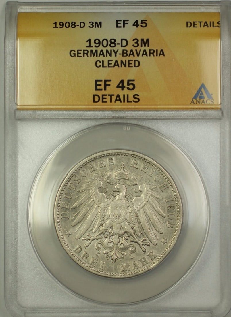 1908-D Bavaria 3M Three Marks Silver Coin ANACS EF 45 Details (1 of 1)