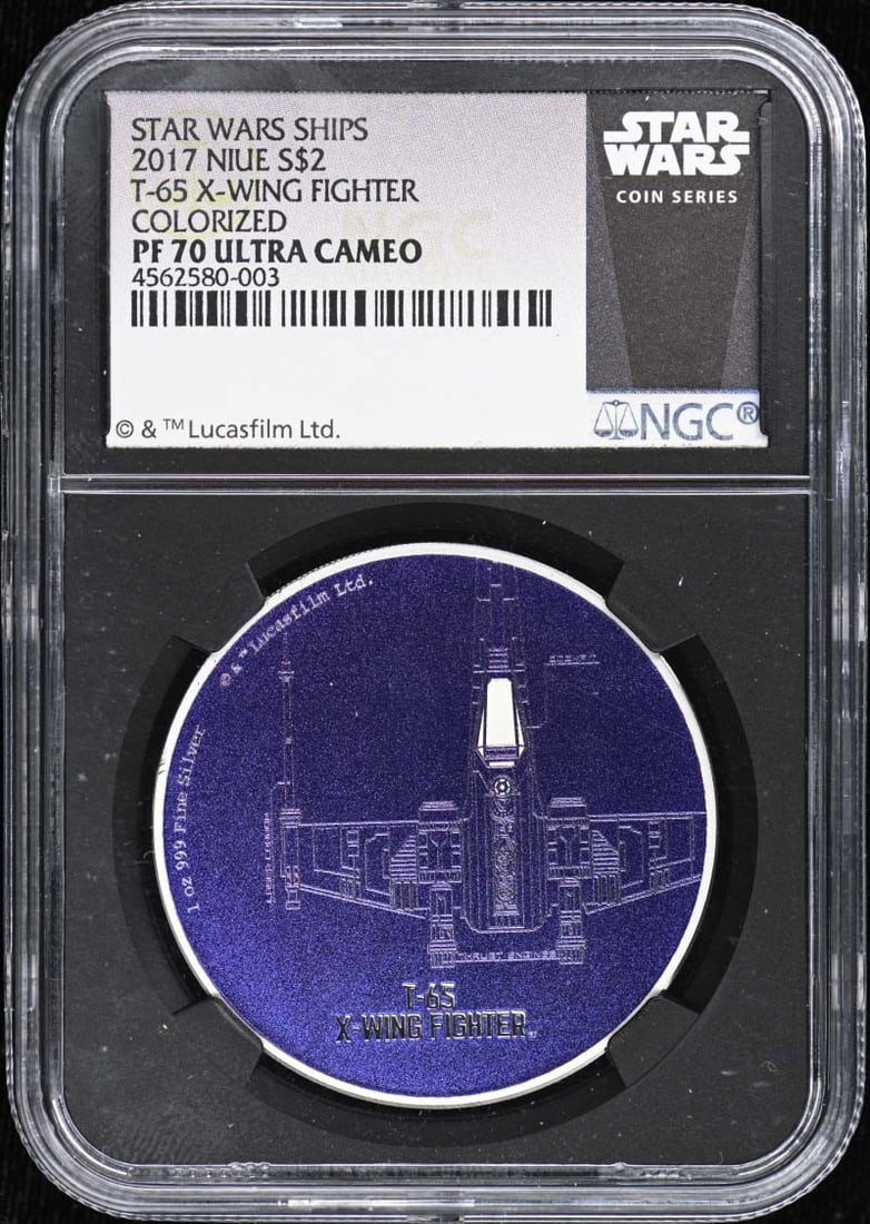 2017 Niue T-65 X-Wing Fighter S$2 Colorized NGC PR70DCAM: 2017 Niue T-65 X-Wing Fighter S$2 Colorized NGC PR70DCAM This stunning 2017 Niue T-65 X-Wing Fighter coin features a vibrant colorized design and is graded PR70 by NGC, indicating a perfect strike and