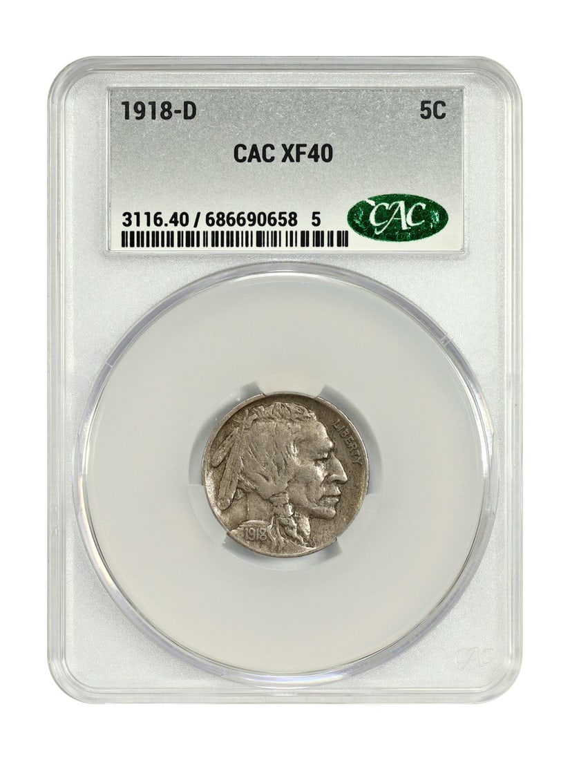 1918-D Buffalo Nickel 5 Cent Piece CACG Graded XF40 (1 of 4)