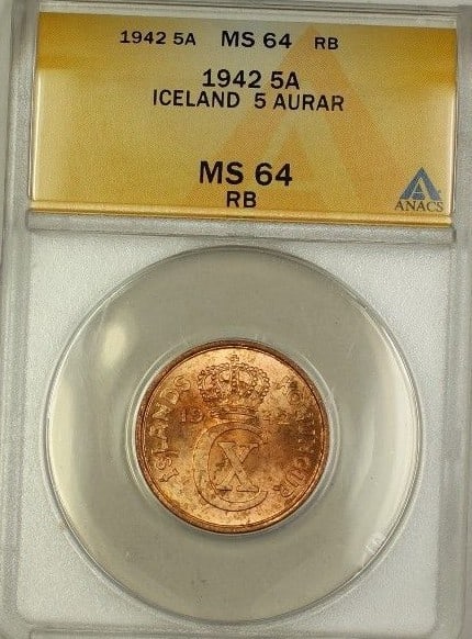 1942 Iceland 5A Five Aurar Copper Coin ANACS MS64 RB Uncirculated: 1942 Iceland 5A Five Aurar Copper Coin ANACS MS64 RB Uncirculated This 1942 Iceland 5 Aurar coin is a striking representation of numismatic history, certified by ANACS with a grade of MS 64. Crafted f