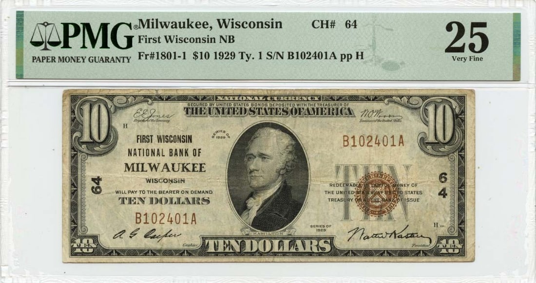 1929 $10 First Wisconsin Nat'l Bank Milwaukee PMG VF25 Certified Currency (1 of 2)