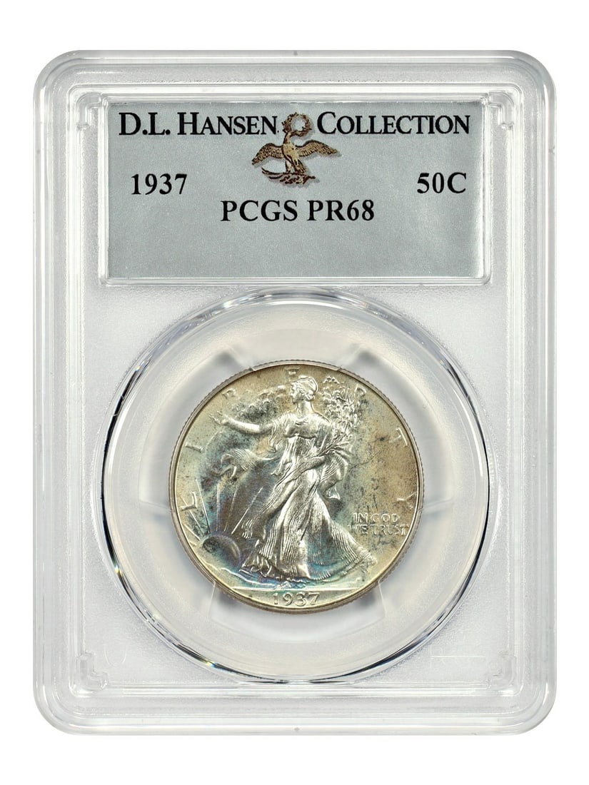 1937 Proof 50C PCGS PR68 Walking Liberty Half Dollar D L Hansen Pedigree: 1937 Proof 50C PCGS PR68 Walking Liberty Half Dollar D L Hansen Pedigree This is a 1937 Walking Liberty Half Dollar, certified by PCGS with a grade of PR68 and originating from the D.L. Hansen collect