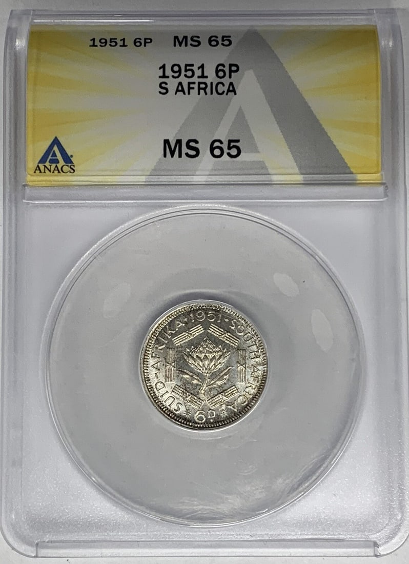 1951 South Africa 6 Pence Silver Coin ANACS MS 65: 1951 South Africa 6 Pence Silver Coin ANACS MS 65 This 1951 South Africa 6 Pence coin is a remarkable piece for collectors. Graded MS 65 by ANACS, it is in uncirculated condition, showcasing its prist