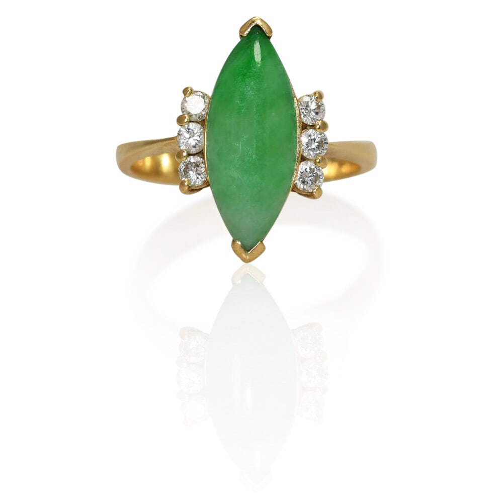 Elegant 14K Yellow Gold Jade Diamond Ring Marquise 0.18ctw (1 of 7)